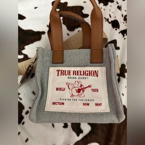 True Religion Light Blue Denim Mini Tote with Tan Leather Handles